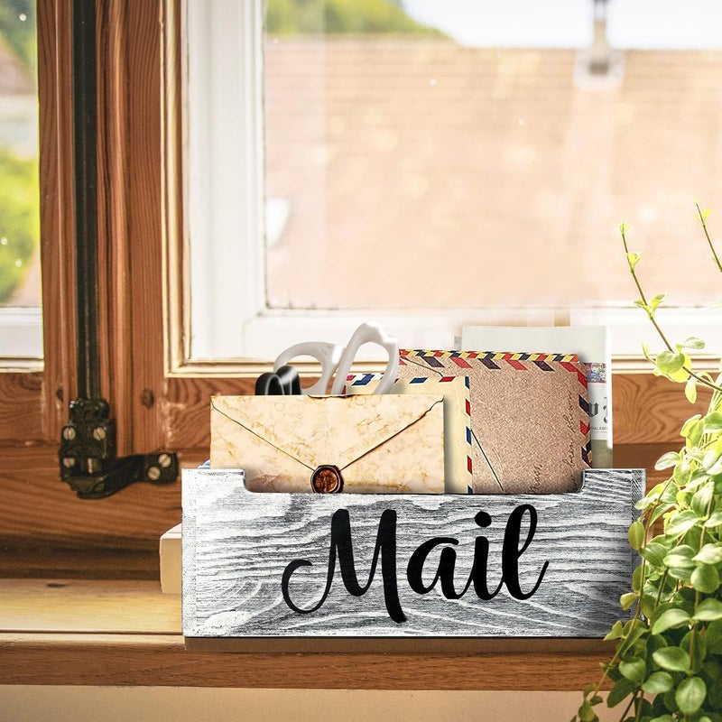 BOTOP Mail Organizer Holder Countertop, Rustic Wood Mail Basket Storage Tray Letter Holder for Office Desk Wall Mount - Grey - Image 5